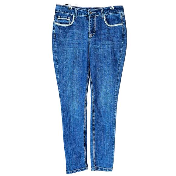 Roz & Ali Jeans Women Size 8 Blue Embroidered Pockets Y2K Mid Rise Ankle Denim - Picture 1 of 11